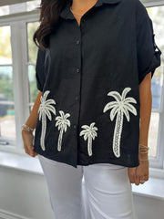 Black Tropical Palm Embroidered Blouse Anya