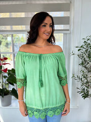 Green Bardot Tassel Top Adeline