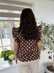 Chocolate Polka Dot Frill Sleeve Top Bailey