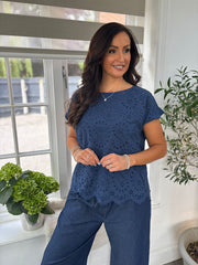 Navy Broderie Paisley Pattern Top Helen