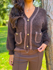 Chocolate Boucle Braid Knit Cardi Florence