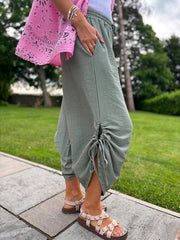 Khaki Ruched Drawstring Wide Leg Trousers