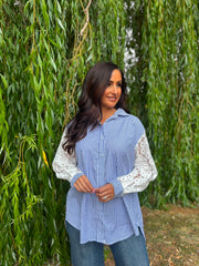 Denim Lace Sleeve Pinstripe Shirt Cove