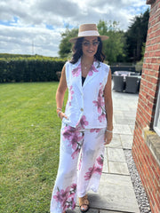 White Flower Print Trouser Set Claudette