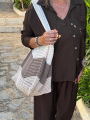 Mocha Block Stripe Crochet Tote