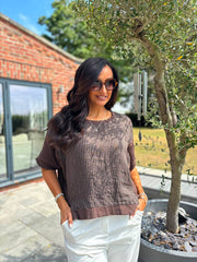Chocolate Striped Textured Linen Top Anais