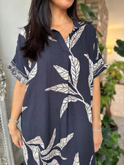 Navy Leaf Pattern Shirt Dress Savana