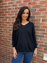 Black Diamante V Neck Knit Tori