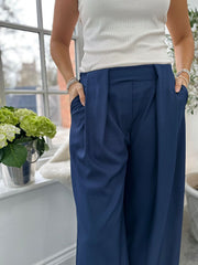 Navy Tailored Wide Leg Pleat Trousers