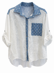 White Embroidered Denim Trim Shirt Lucy