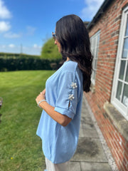 Blue Applique Floral Crepe Top Astra