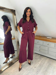 Wine Wide Leg Collared Jumpsuit Carrie