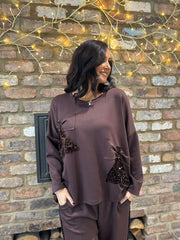 Chocolate Sequin Bow Sweat Top Emma