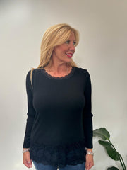 Black Ribbed Lace Trim Top Madeline