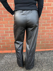 Black Wide Leg Seam Front Pleather Trousers
