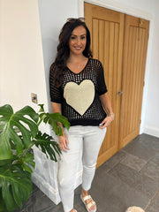 Black Loose Knit Gold Heart Top Linda