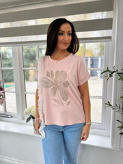 Pink Diamante Floral Lace Trim Tee Aria