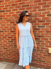 Blue Bubble Cotton Fringed Tier Dress Amanda