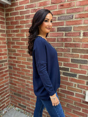 Navy Diamante V Neck Knit Tori
