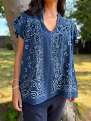Navy Bubble Cotton Paisley Top Sammie