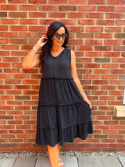 Black Bubble Cotton Fringed Tier Dress Amanda