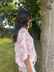 Pink Leaf Print Tie Front Blouse Brielle