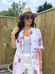 Wine Coral Print Longline Shirt Kelly