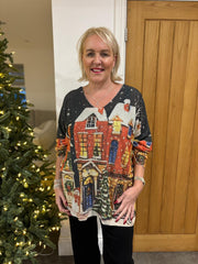 Navy Xmas Village Shimmer Top Robyn