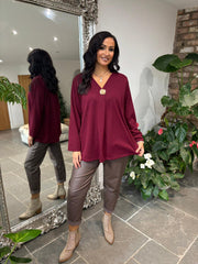 Wine V Neck Brooch Top Harper