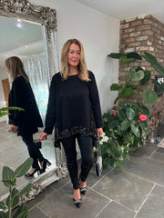 Black Sequin Dipped Hem Sweat Top Lola