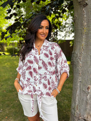 Wine Leaf Print Tie Front Blouse Brielle