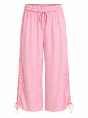 Pink Ruched Drawstring Wide Leg Trousers