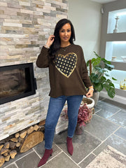 Chocolate Metallic Heart Ribbed Sweatshirt Brooke