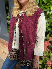 Wine Leopard Trim Waistcoat Rhea