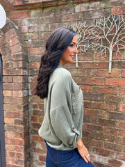 Khaki Sequin Pocket Bubble Cotton Shirt Helen