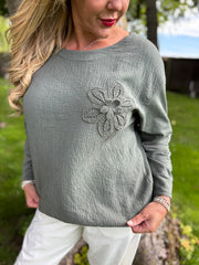 Khaki Ribbed Flower Top Mika