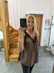 Camel Greek Key Lace Trim Vest Megan