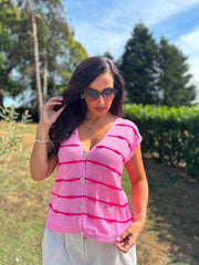 Candy Pink Buttoned Stripe Knit Edith