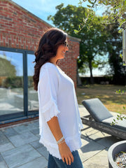 White Frayed Detail V Neck Top River