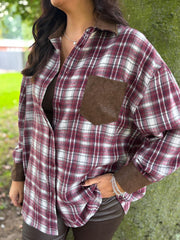 Wine Faux Leather Trim Checked Shirt Jess