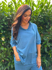 Denim Crochet Hooded Top Clarice