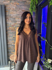 Chocolate Lace Trim Diamante Vest Amber