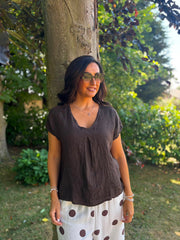 Chocolate Textured V Neck Top Jodie