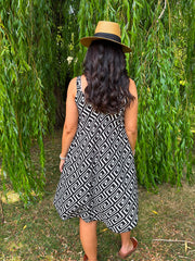 White Greek Key Sleeveless Dress Cleo