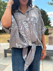 Mocha Botanical Tie Front Blouse Brielle
