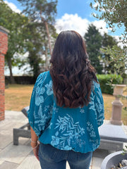 Teal Botanical Tie Front Blouse Brielle