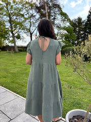 Khaki Frill Sleeve Bubble Cotton Dress Mae