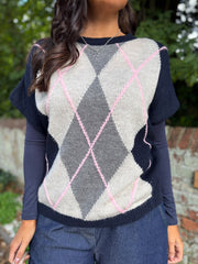 Navy Short Sleeve Argyle Knit Rylie