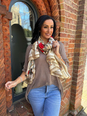 Mocha Colour Block Tartan Silk Blend Scarf