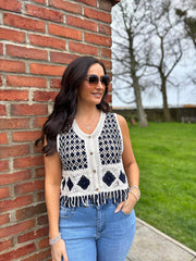 Navy Crochet Fringe Waistcoat Jan